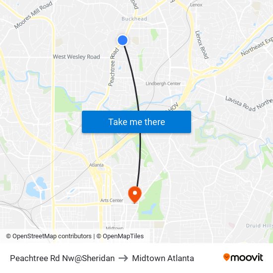 Peachtree Rd Nw@Sheridan to Midtown Atlanta map