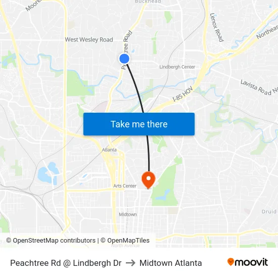 Peachtree Rd @ Lindbergh Dr to Midtown Atlanta map