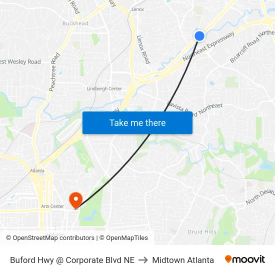 Buford Hwy @ Corporate Blvd NE to Midtown Atlanta map