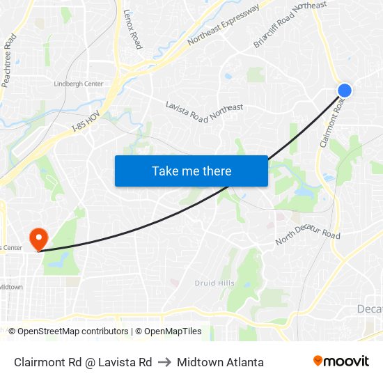 Clairmont Rd @ Lavista Rd to Midtown Atlanta map