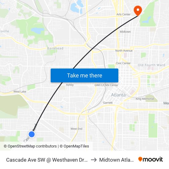 Cascade Ave SW @ Westhaven Dr SW to Midtown Atlanta map