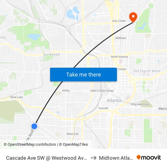 Cascade Ave SW @ Westwood Ave SW to Midtown Atlanta map