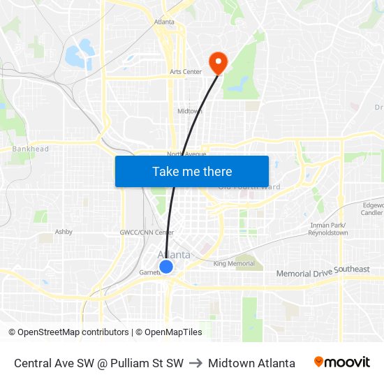 Central Ave SW @ Pulliam St SW to Midtown Atlanta map