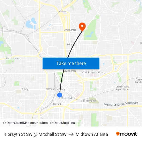 Forsyth St SW @ Mitchell St SW to Midtown Atlanta map