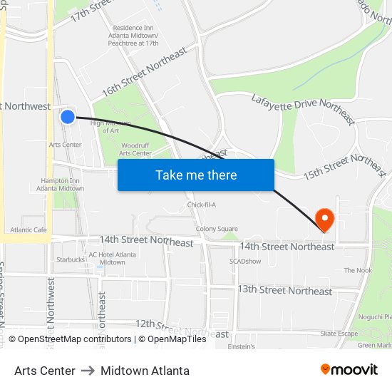 Arts Center to Midtown Atlanta map