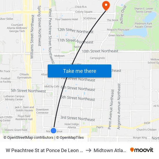 W Peachtree St at Ponce De Leon Ave to Midtown Atlanta map