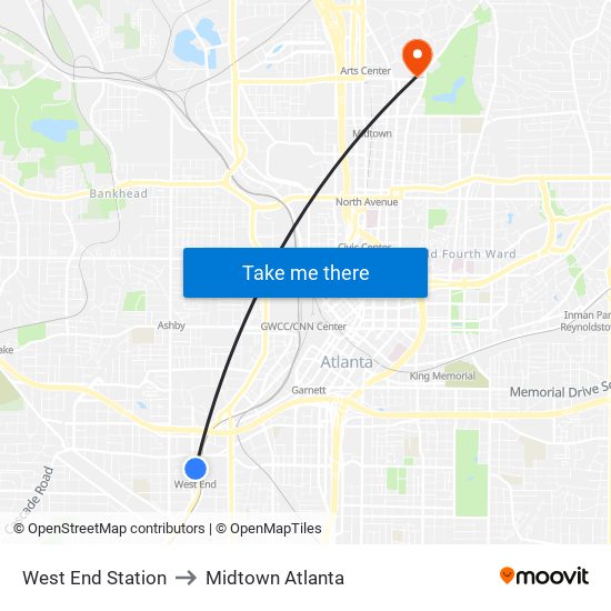 West End Station to Midtown Atlanta map