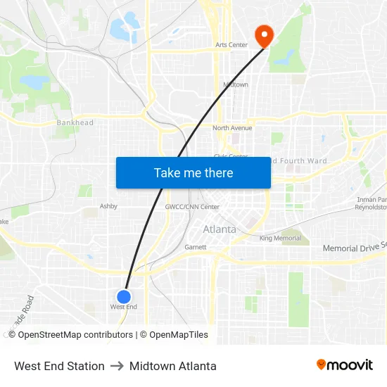West End Station to Midtown Atlanta map