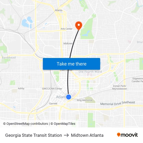 Georgia State Transit Station to Midtown Atlanta map