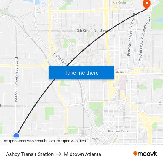 Ashby Transit Station to Midtown Atlanta map