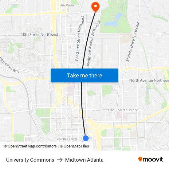 University Commons to Midtown Atlanta map