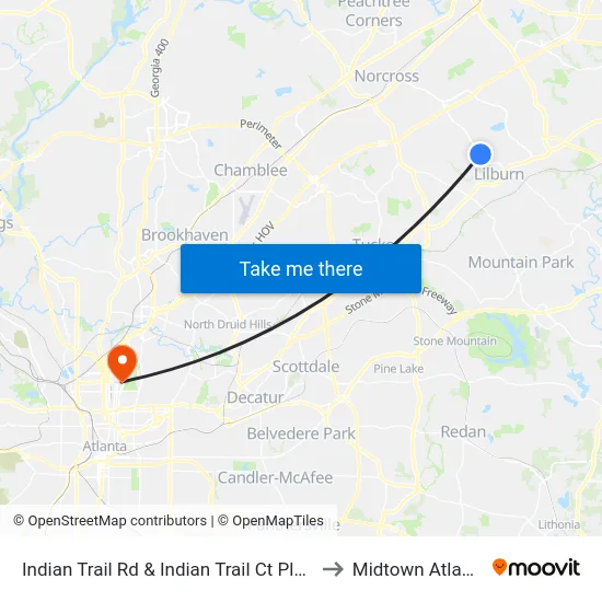 Indian Trail Rd & Indian Trail Ct Plaza to Midtown Atlanta map