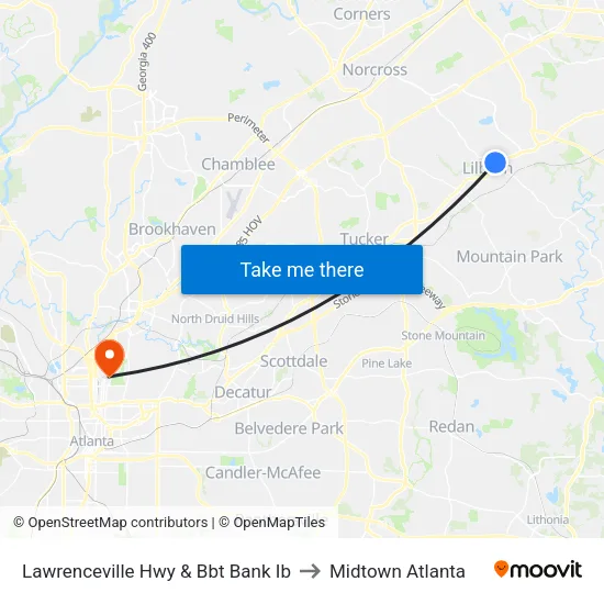 Lawrenceville Hwy & Bbt Bank Ib to Midtown Atlanta map