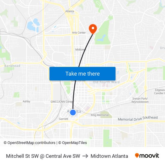 Mitchell St SW @ Central Ave SW to Midtown Atlanta map