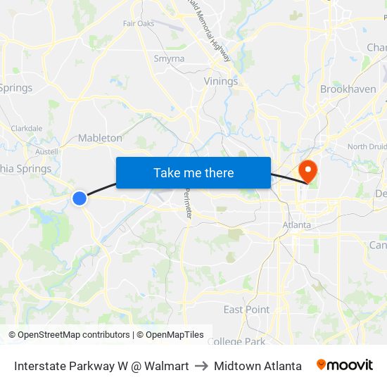 Interstate Parkway W @ Walmart to Midtown Atlanta map