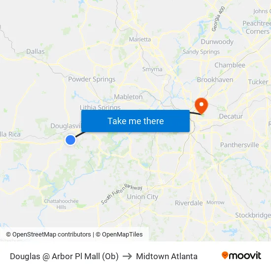 Douglas @ Arbor Pl Mall (Ob) to Midtown Atlanta map