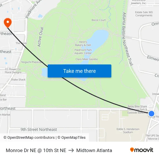 Monroe Dr NE @ 10th St NE to Midtown Atlanta map