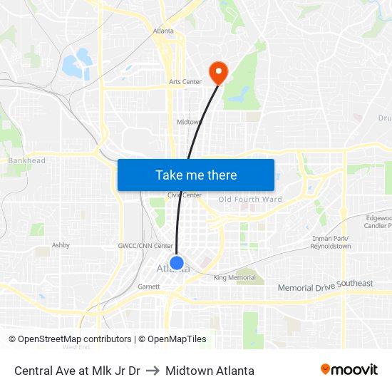 Central Ave at Mlk Jr Dr to Midtown Atlanta map