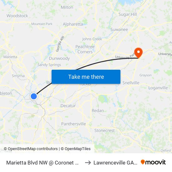 Marietta Blvd NW @ Coronet Way NW to Lawrenceville GA USA map