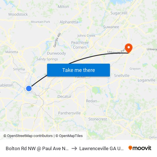Bolton Rd NW @ Paul Ave NW to Lawrenceville GA USA map