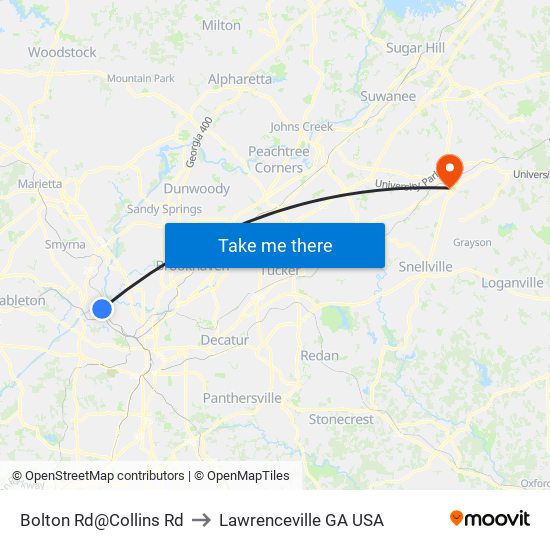 Bolton Rd@Collins Rd to Lawrenceville GA USA map