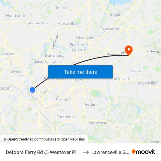 Defoors Ferry Rd @ Westover Plantation Rd to Lawrenceville GA USA map