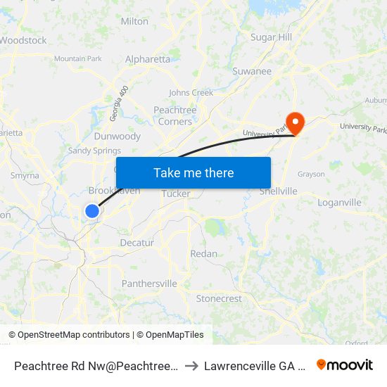 Peachtree Rd Nw@Peachtree Ave to Lawrenceville GA USA map