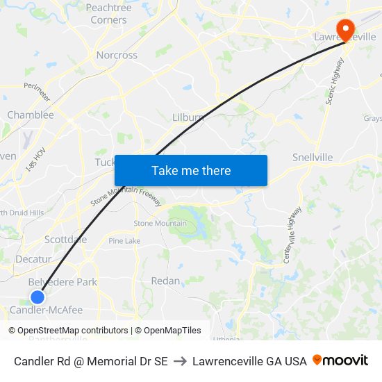 Candler Rd @ Memorial Dr SE to Lawrenceville GA USA map