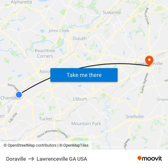 Doraville to Lawrenceville GA USA map