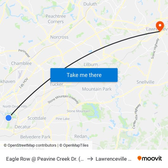 Eagle Row @ Peavine Creek Dr. (Eastbound) to Lawrenceville GA USA map