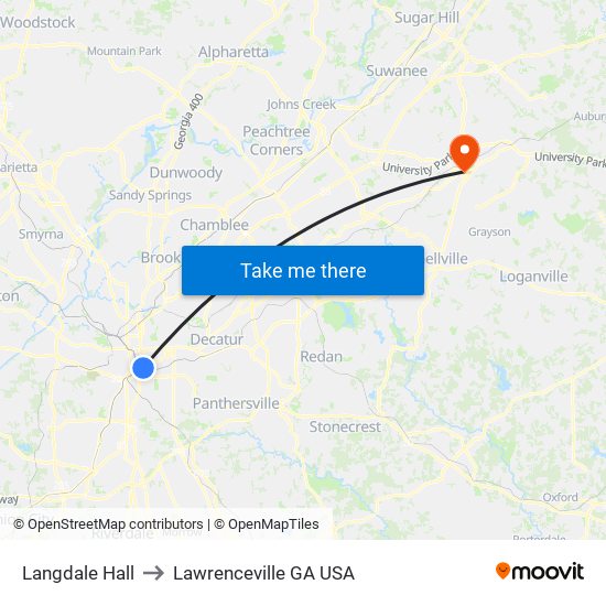 Langdale Hall to Lawrenceville GA USA map