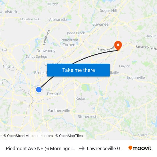 Piedmont Ave NE @ Morningside Dr NE to Lawrenceville GA USA map