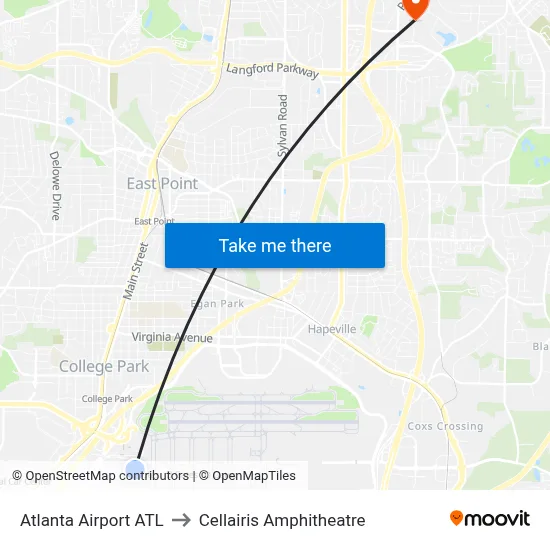 Atlanta Airport ATL to Cellairis Amphitheatre map