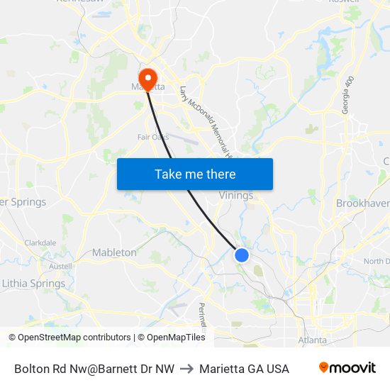 Bolton Rd Nw@Barnett Dr NW to Marietta GA USA map