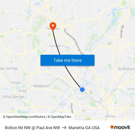 Bolton Rd NW @ Paul Ave NW to Marietta GA USA map