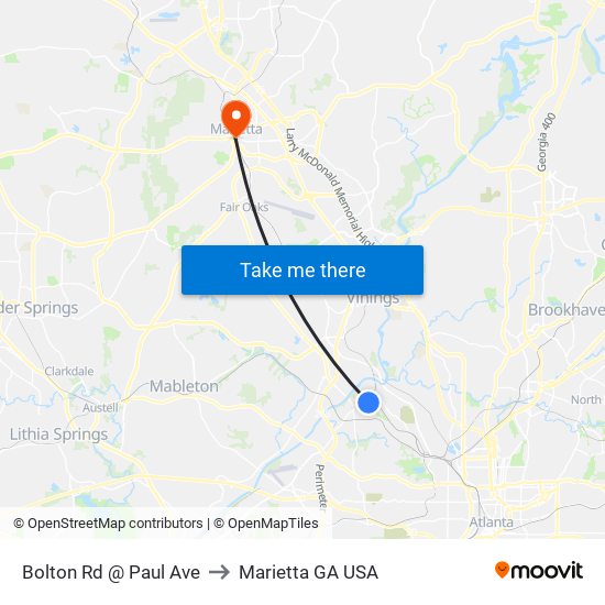Bolton Rd @ Paul Ave to Marietta GA USA map