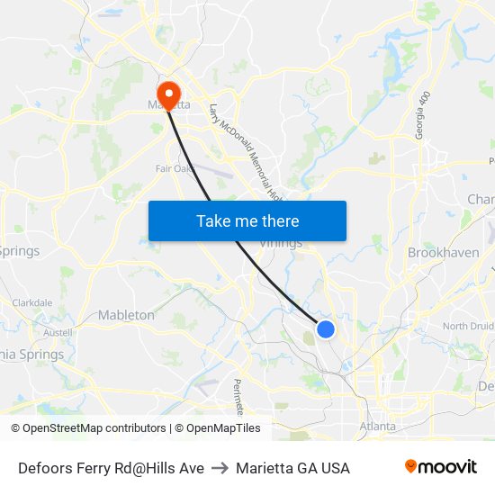 Defoors Ferry Rd@Hills Ave to Marietta GA USA map