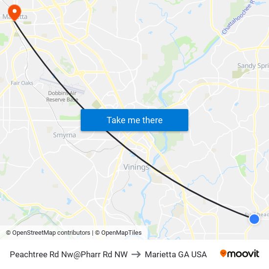 Peachtree Rd Nw@Pharr Rd NW to Marietta GA USA map