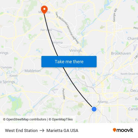 West End Station to Marietta GA USA map