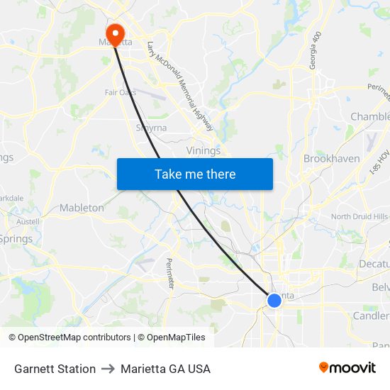 Garnett Station to Marietta GA USA map