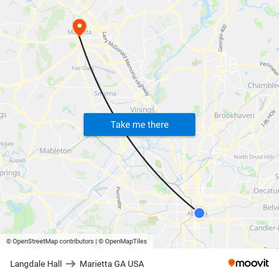 Langdale Hall to Marietta GA USA map