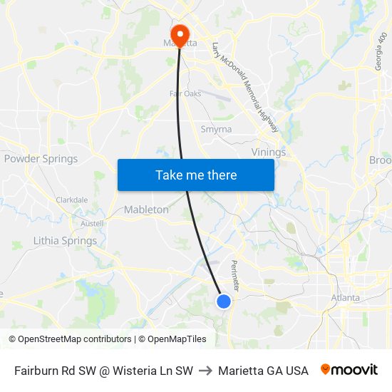 Fairburn Rd SW @ Wisteria Ln SW to Marietta GA USA map