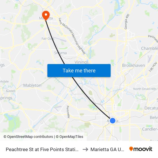 Peachtree St at Five Points Station to Marietta GA USA map