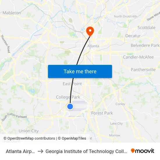 Atlanta Airport ATL to Georgia Institute of Technology College of Computing map