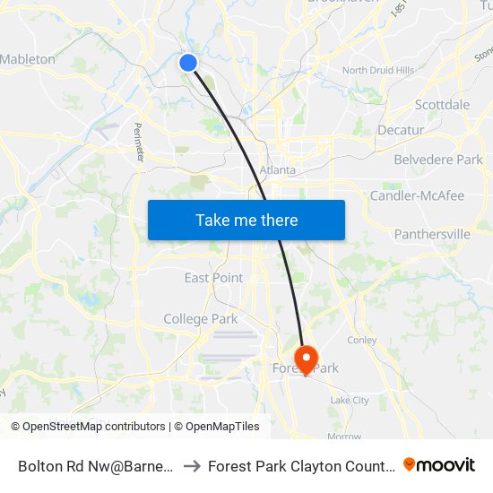 Bolton Rd Nw@Barnett Dr NW to Forest Park Clayton County GA USA map