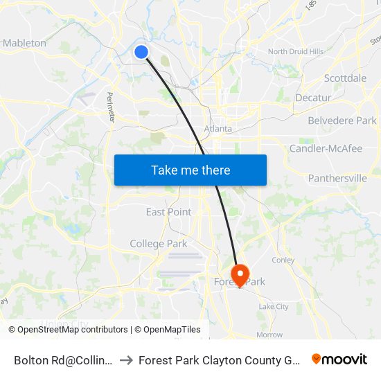 Bolton Rd@Collins Dr to Forest Park Clayton County GA USA map