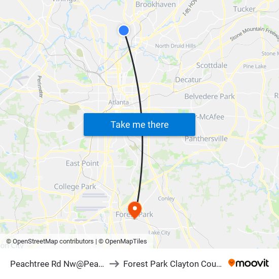 Peachtree Rd Nw@Peachtree Ave to Forest Park Clayton County GA USA map