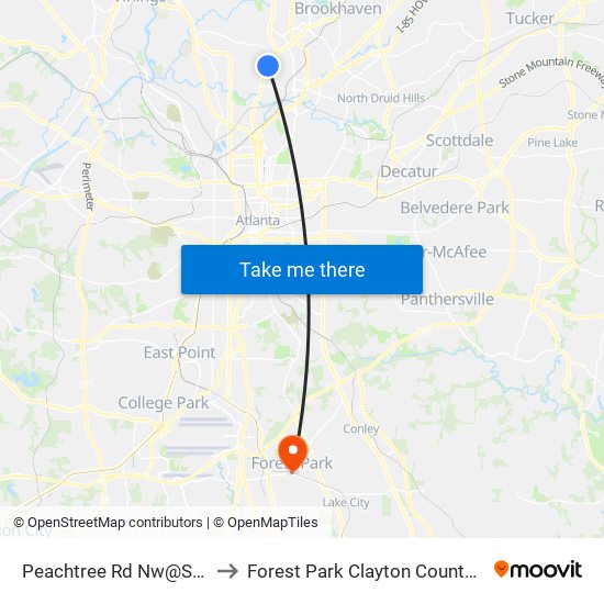 Peachtree Rd Nw@Sheridan to Forest Park Clayton County GA USA map