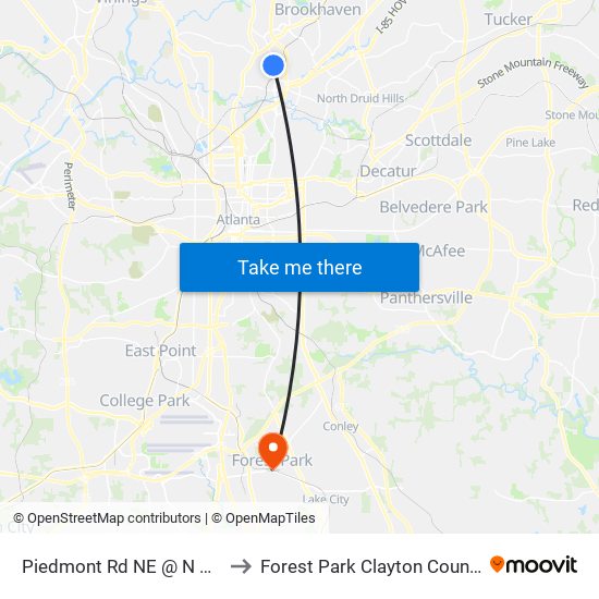 Piedmont Rd NE @ N Hills Dr NE to Forest Park Clayton County GA USA map