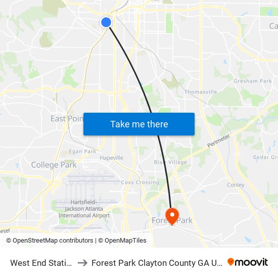West End Station to Forest Park Clayton County GA USA map